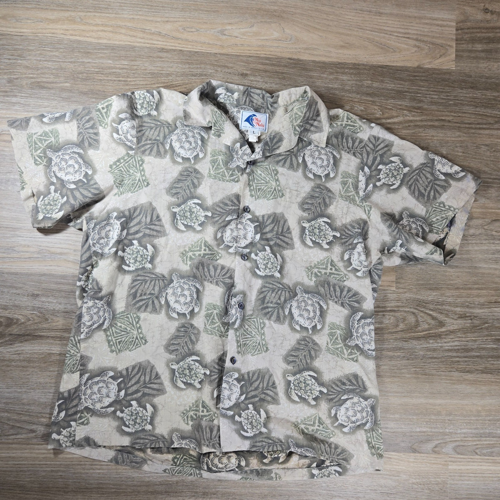 Vintage Nui Nalu Hawaiian Shirt Mens Large Turtle Floral Button Up Aloha Tropic